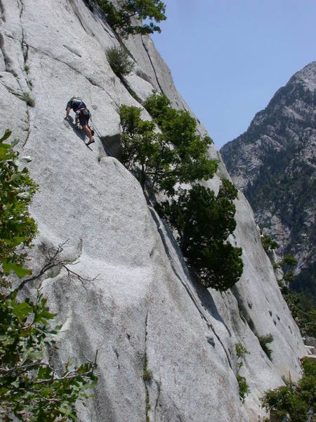 This guy was rope soloing the route. Here he is making the "R" move just above the sweet finger crack.