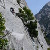 This guy was rope soloing the route. Here he is making the "R" move just above the sweet finger crack.