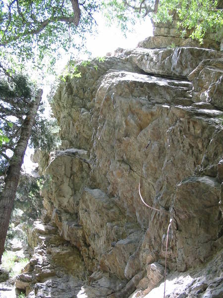 Overhanging south face of the Slips.  Rope is on Witchhunt (5.10a)