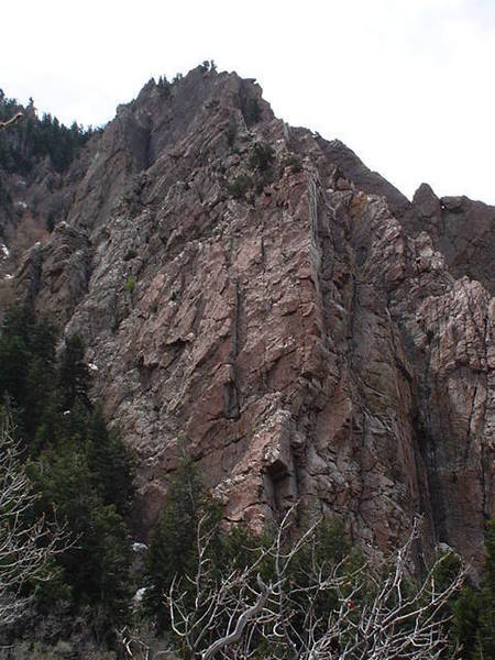 The Dead Snag cliff from the trail across the road from Storm Mountain.