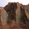 Green Monster Buttress area as taken from the main trail looking Southeast. Main walls for the buttress are shown.