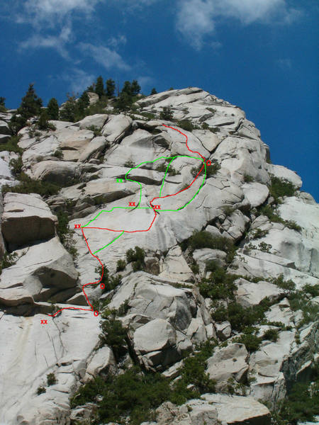 Tingey's Terror Red route is the preferred route "xx" bolt anchors "O" Tree anchors the green "xx" unverified and finally green lines are variations