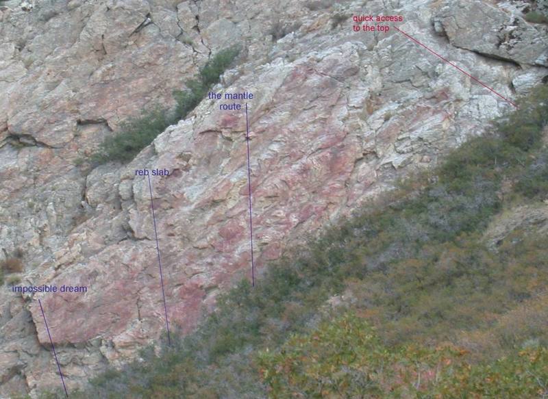 Shows some of the better sport routes on the slab along this the easiest approach to get to the top. Note that there are probably five other sport routes not shown on this topo.